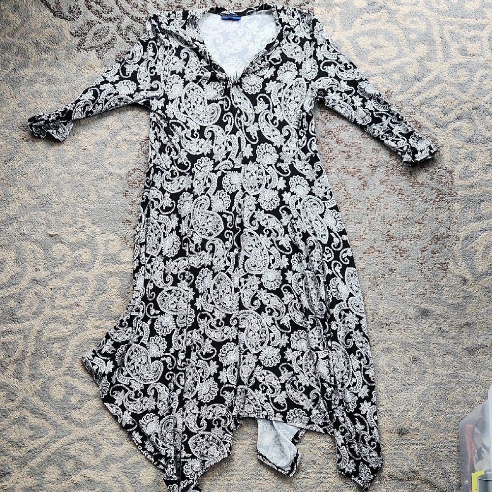 Apt. 9 Paisley Handkerchief Hem Long Sleeve Dress Black White XL